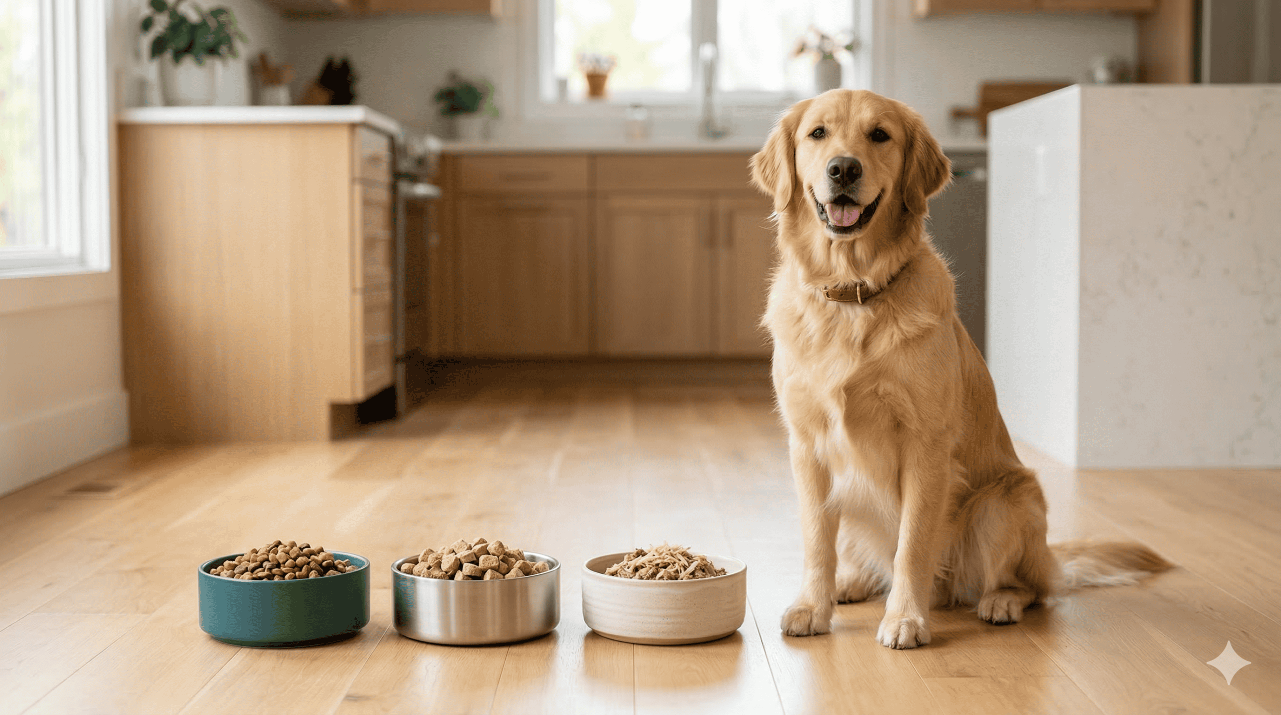 Golden Retriever sitting with three bowls of dog food in a modern kitchen.