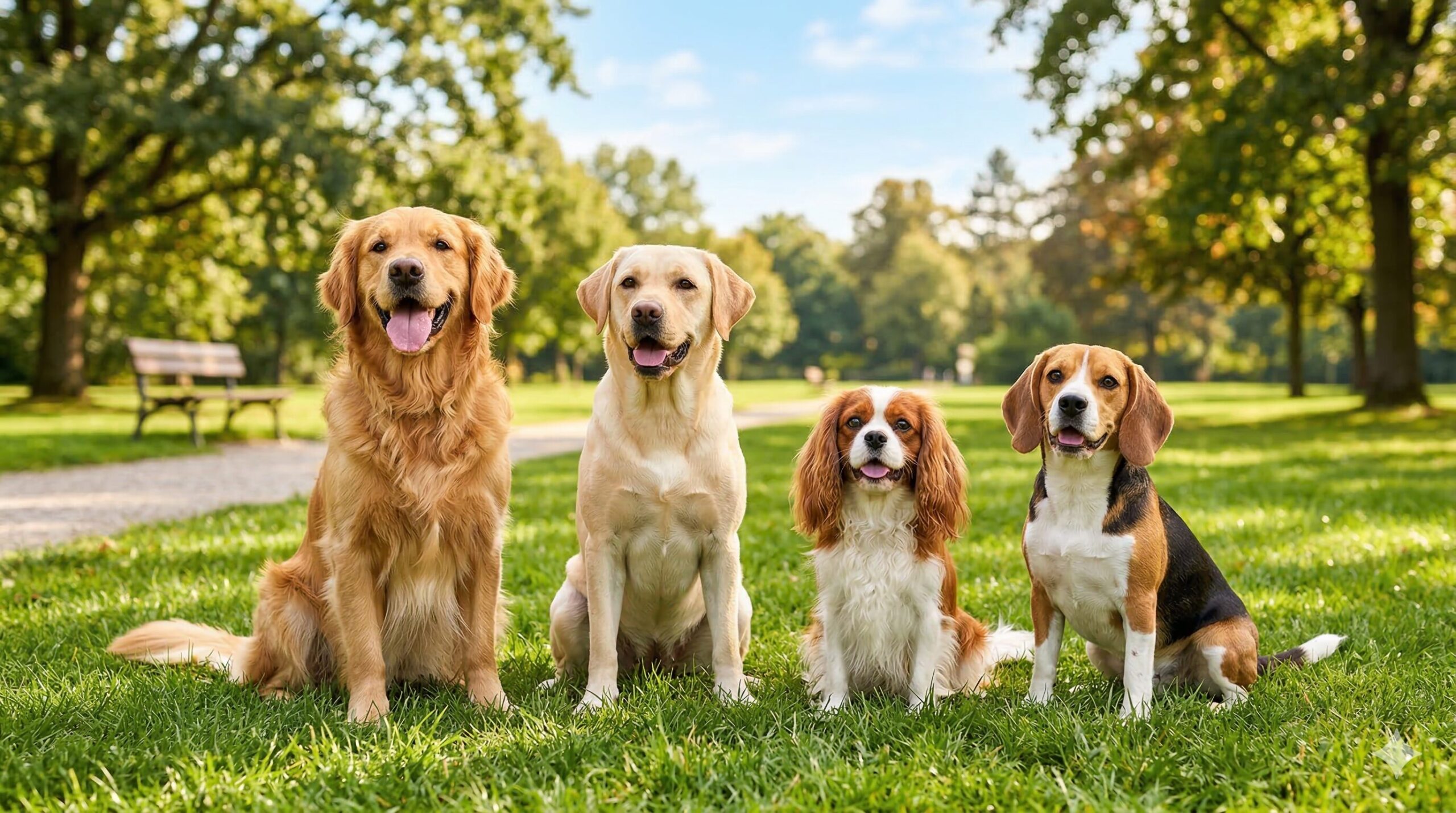 Golden Retriever sitting in grass, showing friendly expression and golden coat