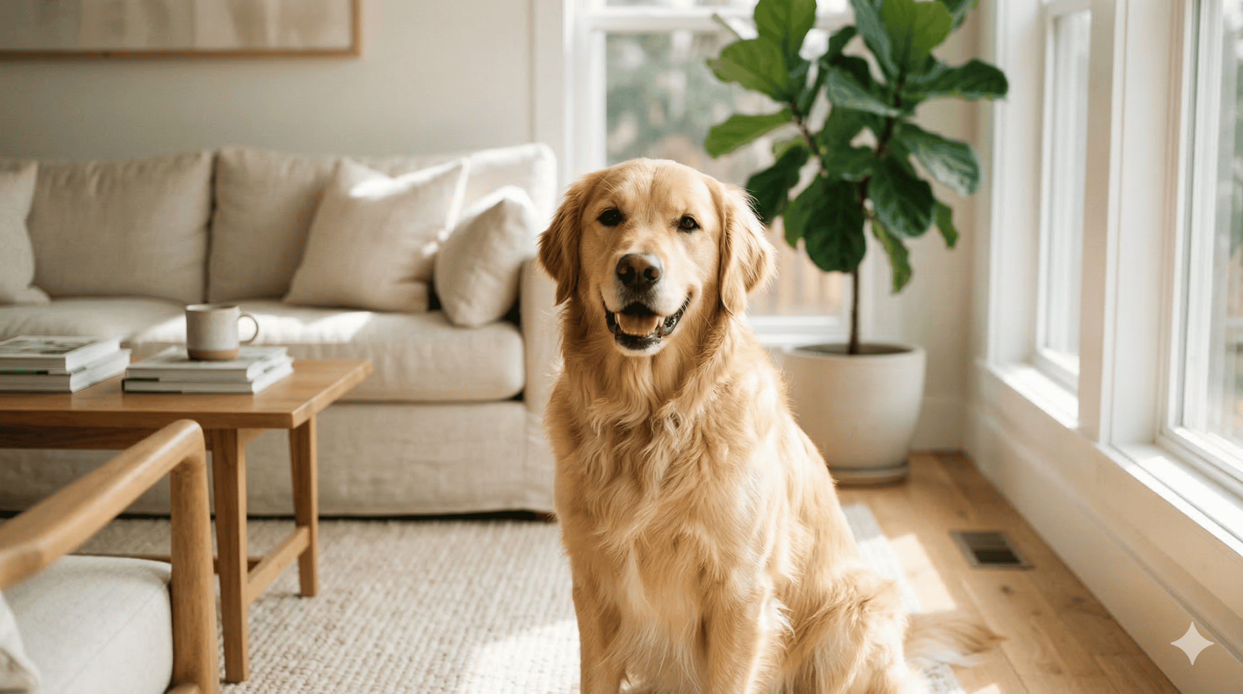 Friendly Golden Retriever sitting on hardwood floor in a cozy living room.